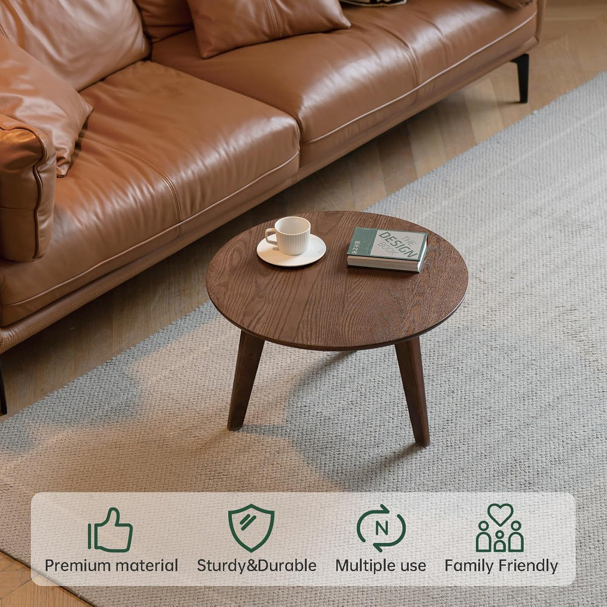100% Solid Oak Wood Mini Coffee Table, Round Living Room Table Side Table w/Solid Wood Legs, Walnut