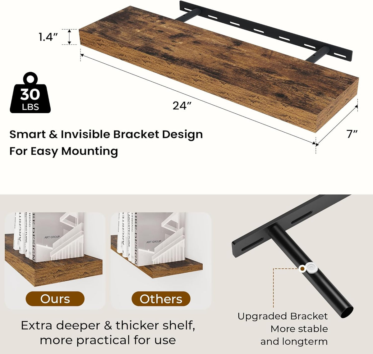 24 inch Floating Shelves Long Floating Shelves for Wall Large Wall Mounted Shelves with Invisible