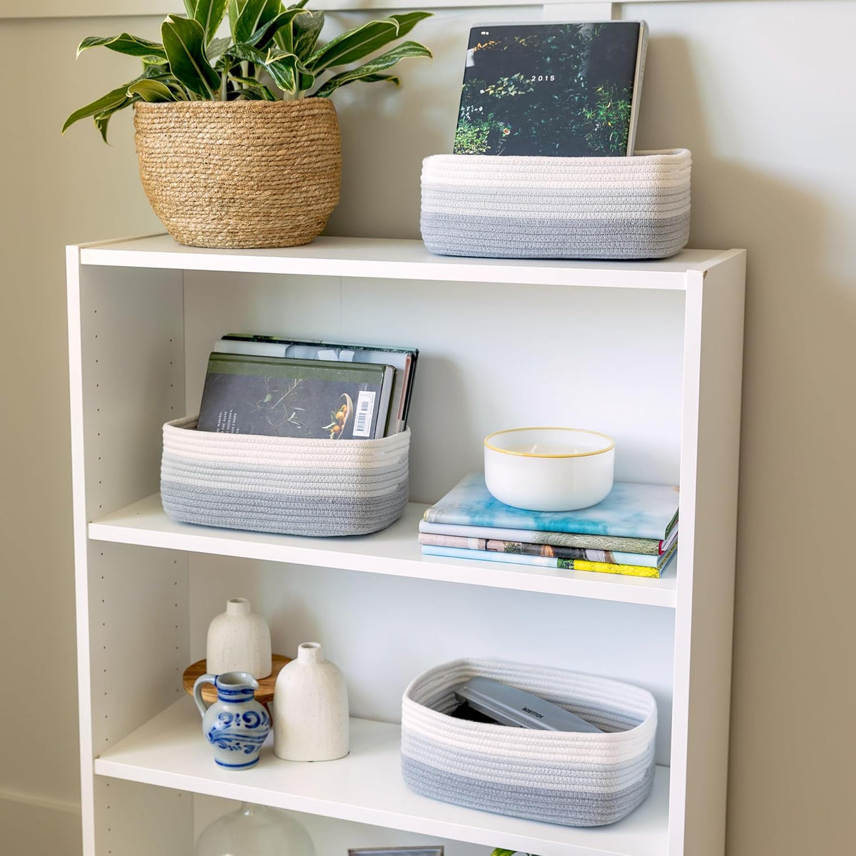 NaturalCozy 11.8"x8"x4.5” Rectangle Storage Baskets for Shelves 3 Pack | Cotton Rope Woven Small