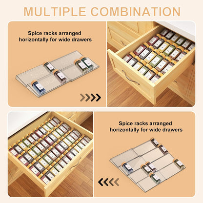 24 Spice Jars with Spice Drawer Organizer, 355 Spice Labels, 4 Pack Expandable From 11'' to 21''