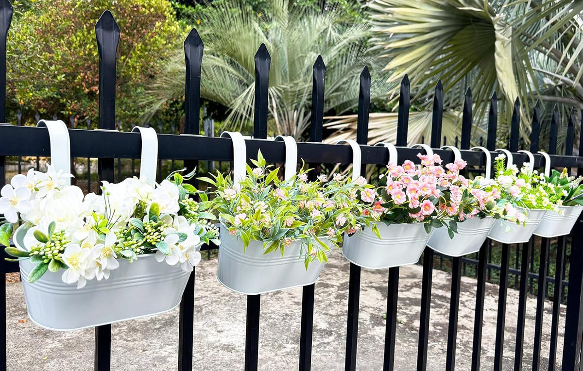 10" Hanging Flower Pots, Pack of 6 White Metal Outdoor Patio Balcony Planter, Railing Planters