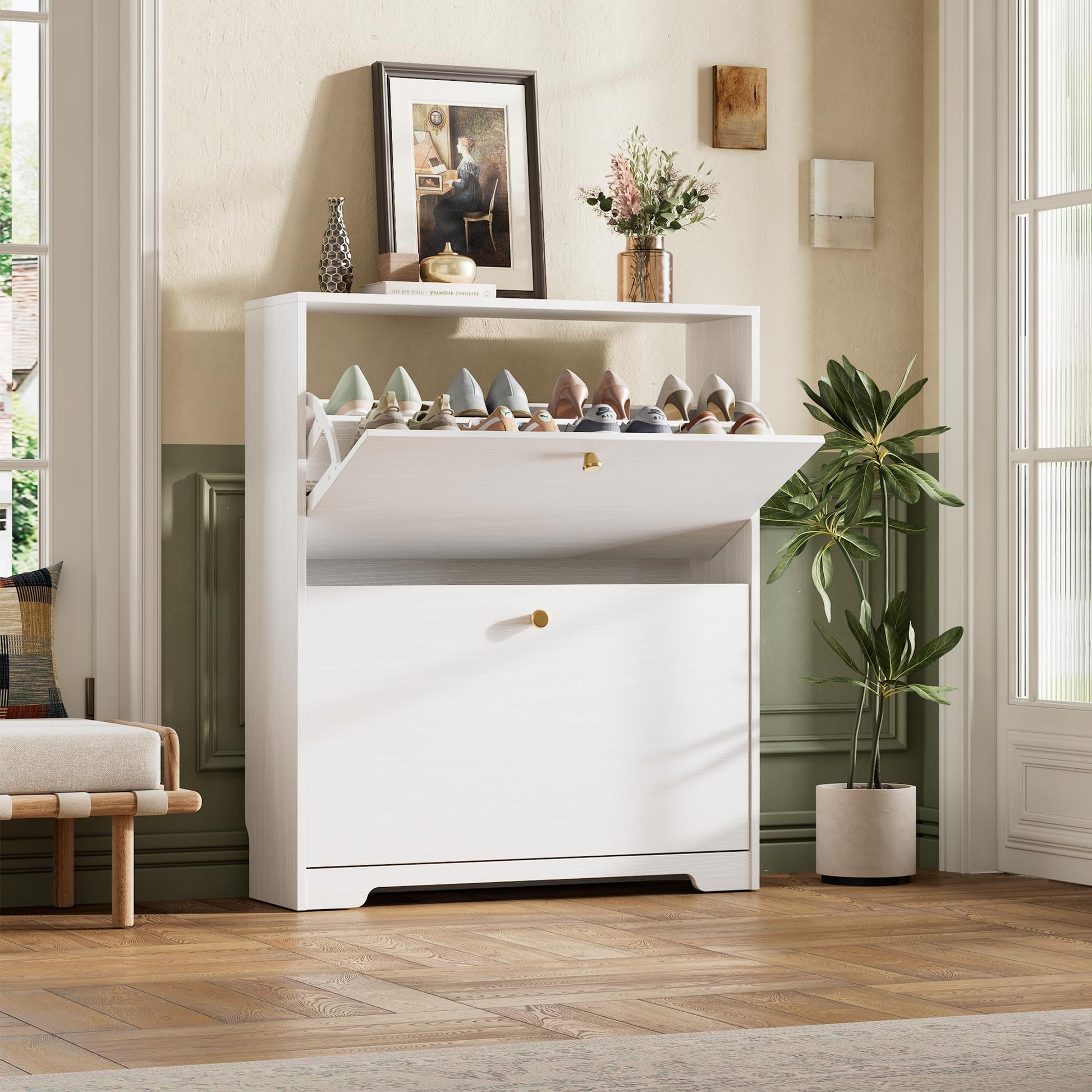 Nicetree Shoe Cabinet with 2 Flip Drawers, Narrow Shoe Organizer Cabinet, Freestanding Shoe Rack