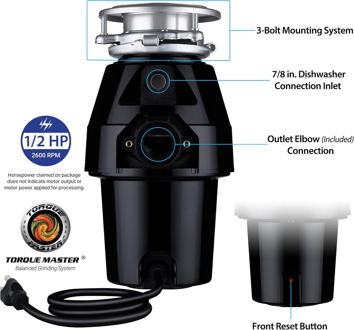 Waste Maid 10-US-WM-258-3B Garbage Disposal Anti-Jam Stainless Steel Food Waste Grinding System