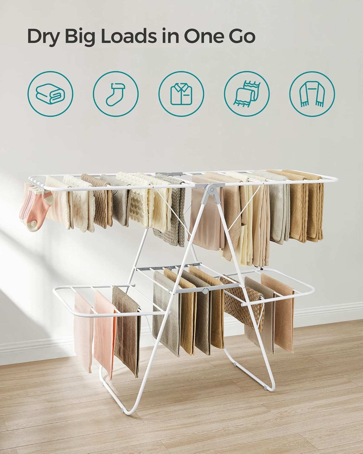 SONGMICS Clothes Drying Rack, Foldable 2-Level Laundry Drying Rack, Free-Standing Laundry Airer