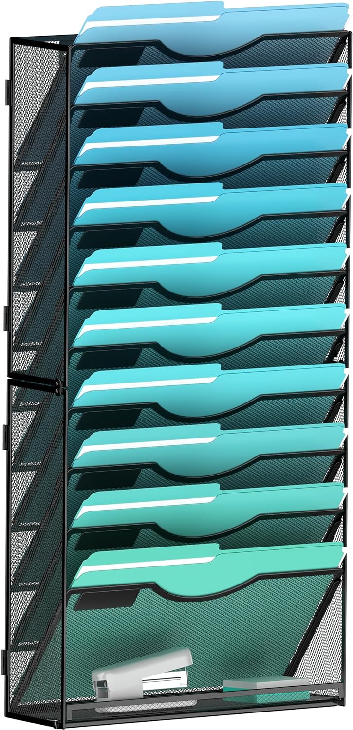 11-Tier Wall File Organizer Hanging Wall File Holder Wall Mount Paper Folder Organize, Mesh