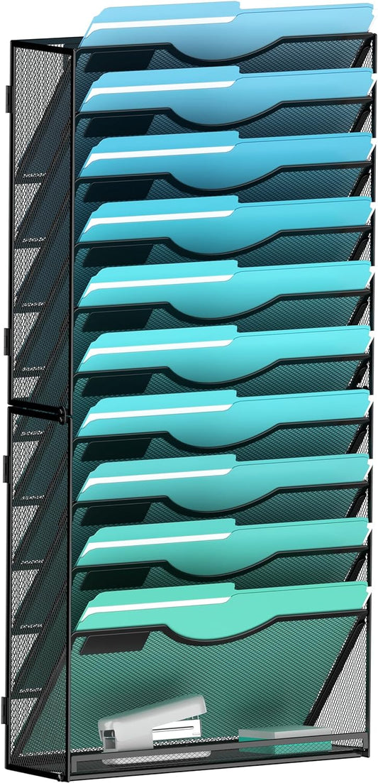 11-Tier Wall File Organizer Hanging Wall File Holder Wall Mount Paper Folder Organize, Mesh
