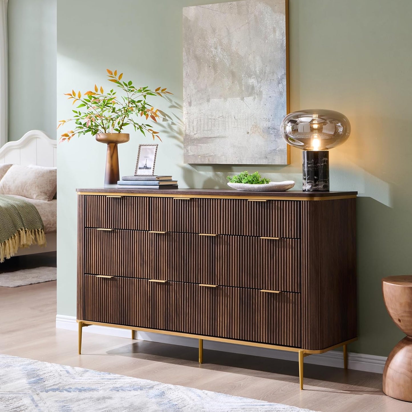 T4TREAM Fluted 7 Drawers Dresser for Bedroom, 54" Wide Modern Dresser TV Stand, Gold Accents