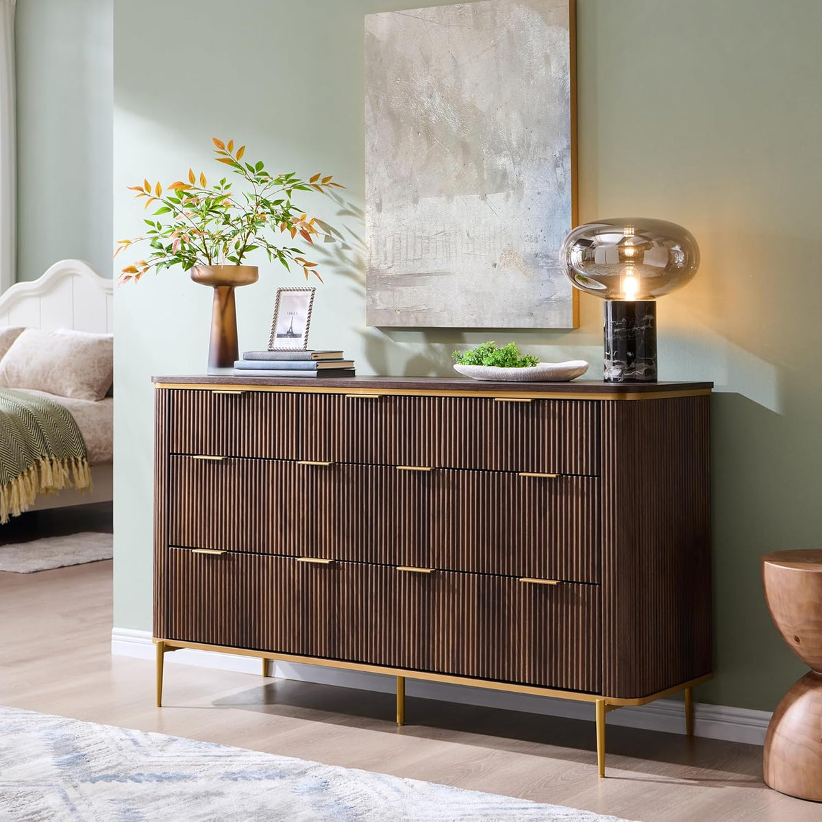 T4TREAM Fluted 7 Drawers Dresser for Bedroom, 54" Wide Modern Dresser TV Stand, Gold Accents