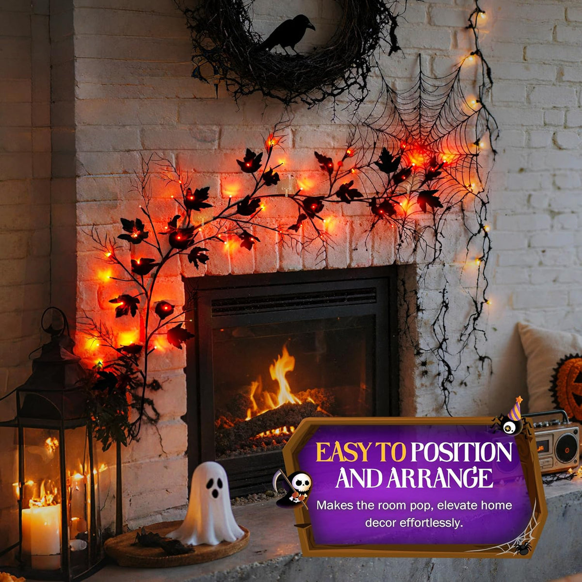 Halloween Lighted Willow Vine Twig Decoration, 6.56 FT Light up Garland Battery Operated with