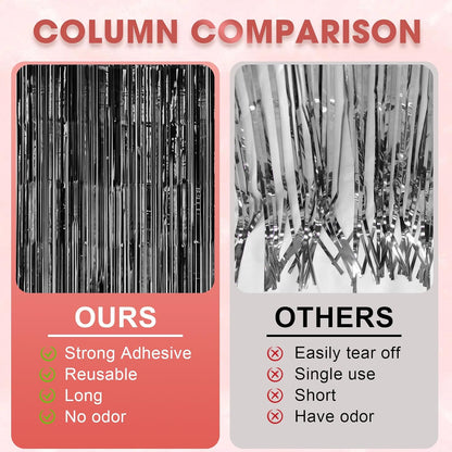 3 Pack 3.3 x 8.2 ft Laser Black Foil Fringe Backdrop Curtains, Tinsel Streamers Birthday Party