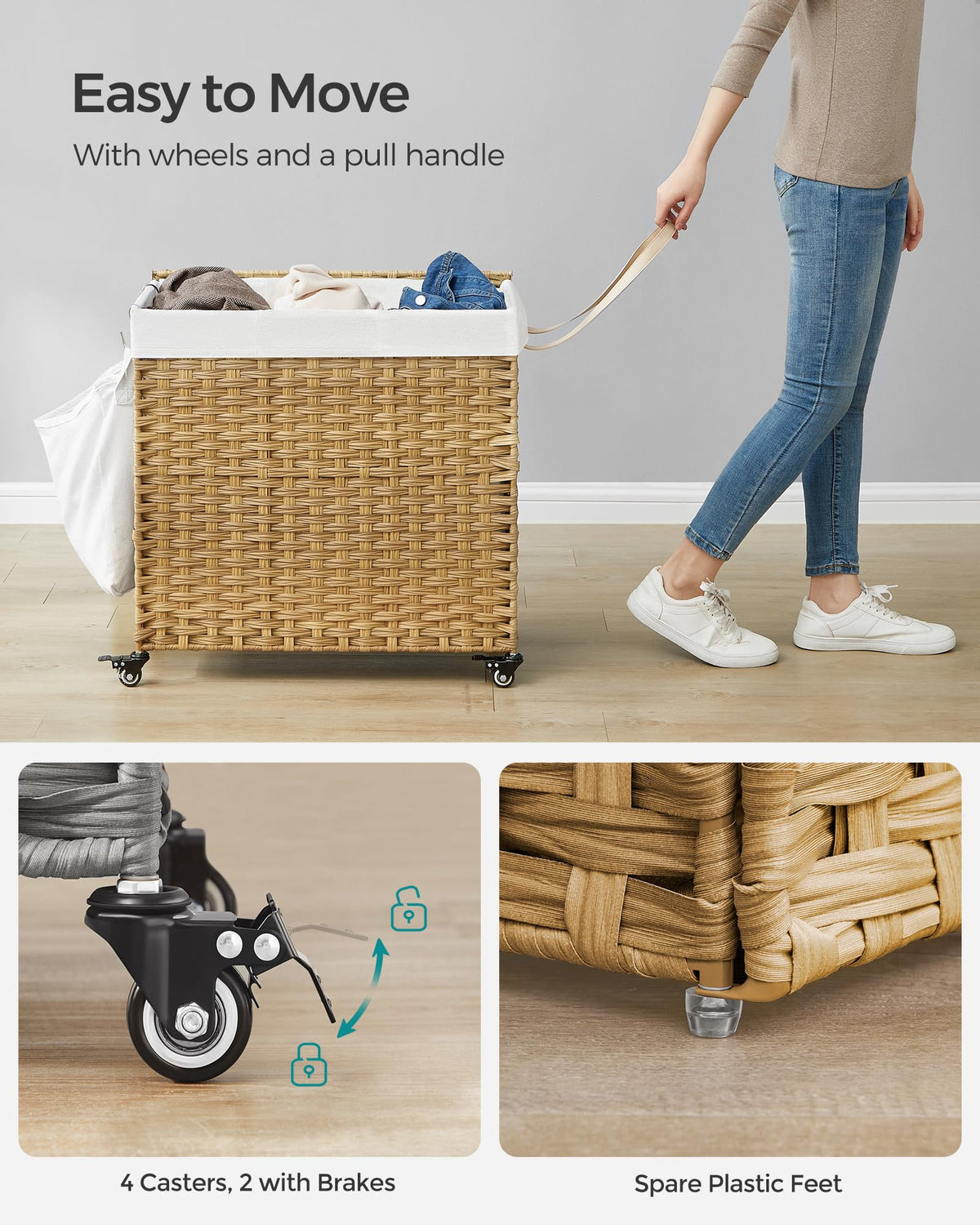 SONGMICS Laundry Hamper with Lid, 37 Gallons (140 L), Rolling Laundry Basket with Wheels, 3-Section