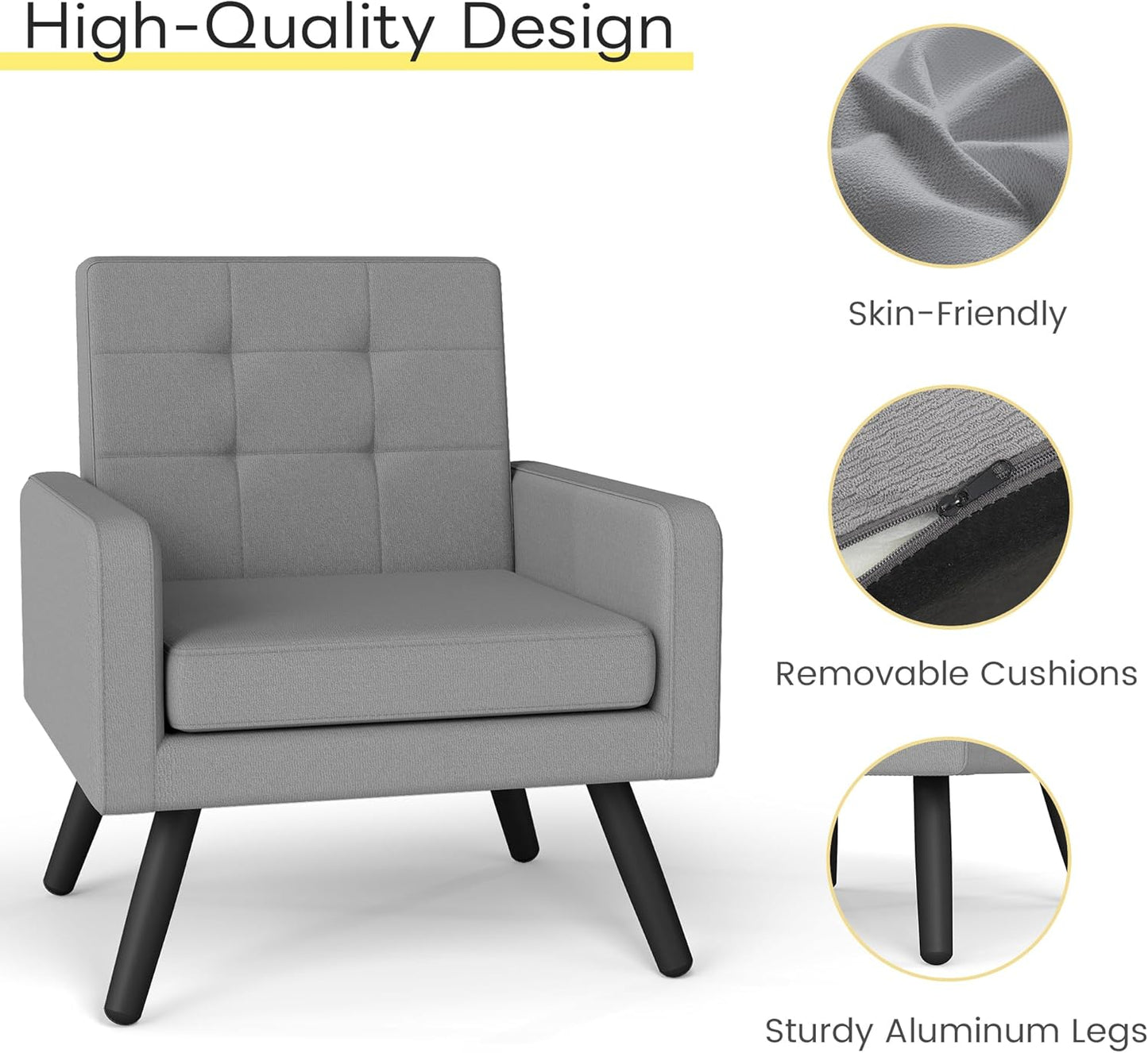 Kromax Mid-Century Modern Accent Chair for Living Room, 496 Lb. Weight Capacity, Dual Armrests
