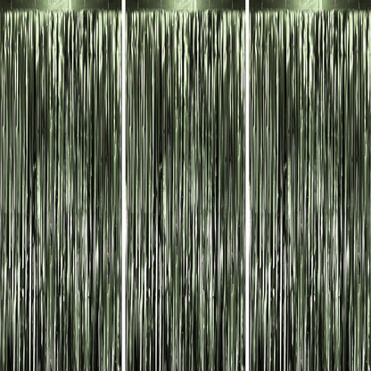 3 Pack 3.3 x 8.2 ft Matte Green Foil Fringe Backdrop Curtains, Tinsel Streamers Party Decorations