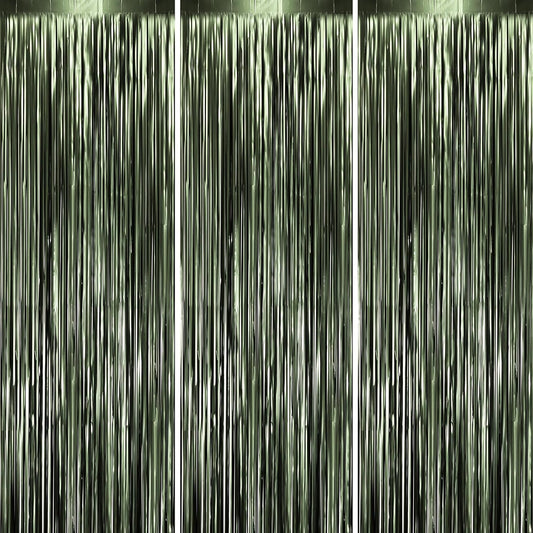 3 Pack 3.3 x 8.2 ft Matte Green Foil Fringe Backdrop Curtains, Tinsel Streamers Party Decorations