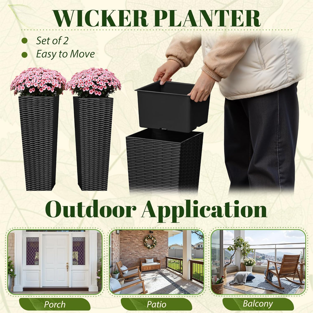 JUMMICO Set of 2 Resin Rattan Tall Planters for Outdoor Plants, Large Tapered Planters with
