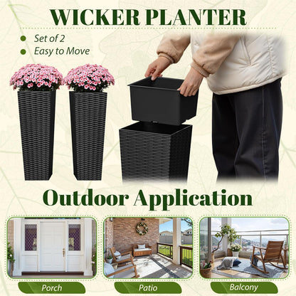 JUMMICO Set of 2 Resin Rattan Tall Planters for Outdoor Plants, Large Tapered Planters with