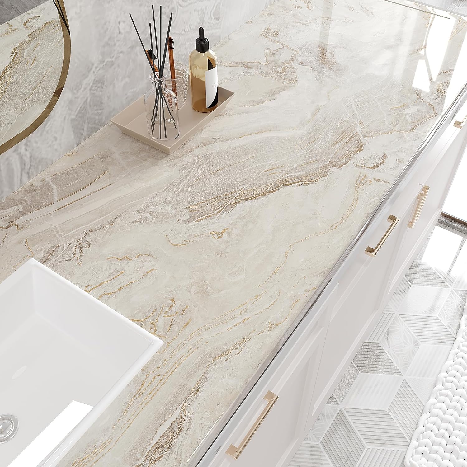 VEELIKE Wide 32''x354'' Beige Gold Marble Contact Paper for Countertops Peel and Stick Waterproof