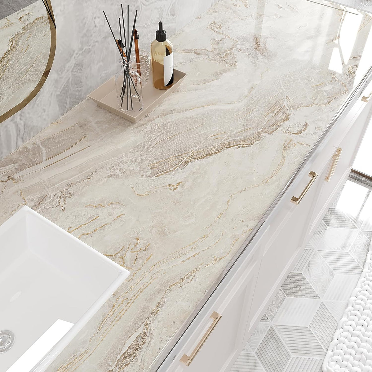 VEELIKE Large Size Marble Contact Paper Peel and Stick Countertops for Kitchen Waterproof Beige