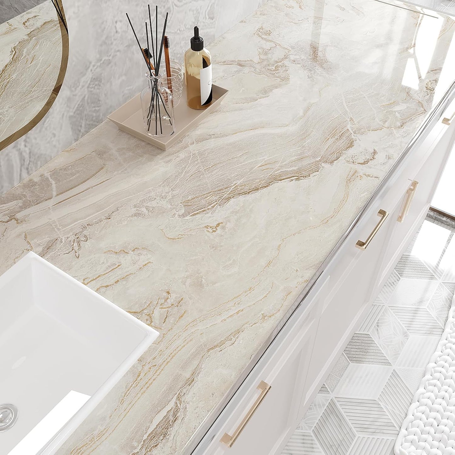 VEELIKE Glossy Beige Gold Marble Contact Paper for Countertops 24''x118'' Wide Peel and Stick