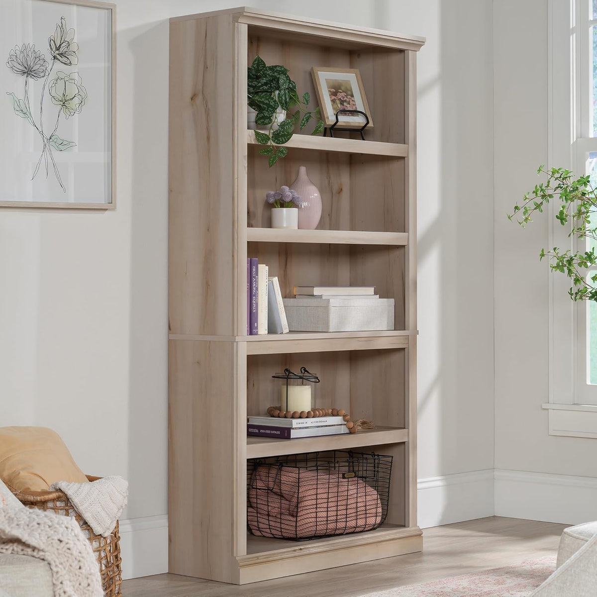 Sauder 5 Tier Book Shelf Wooden Bookcase Multipurpose Bookshelf for Home Office, Living Room, in