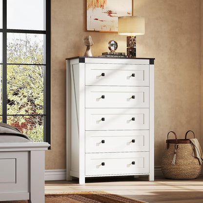 WLIVE Farmhouse White Dresser for Bedroom, 5 Drawer Dresser Storage Organizer, Tall Wood Dressers