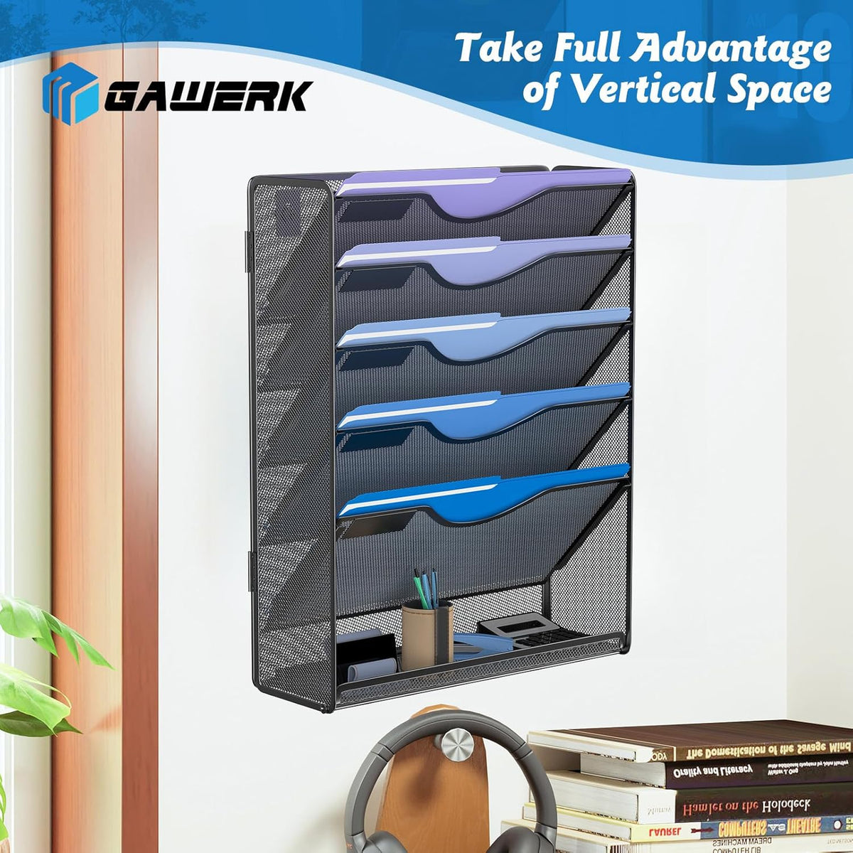 6 Tier Hanging File Organizer, Mesh Wall File Holder Paper Folder Rack with Bottom Flat Tray for