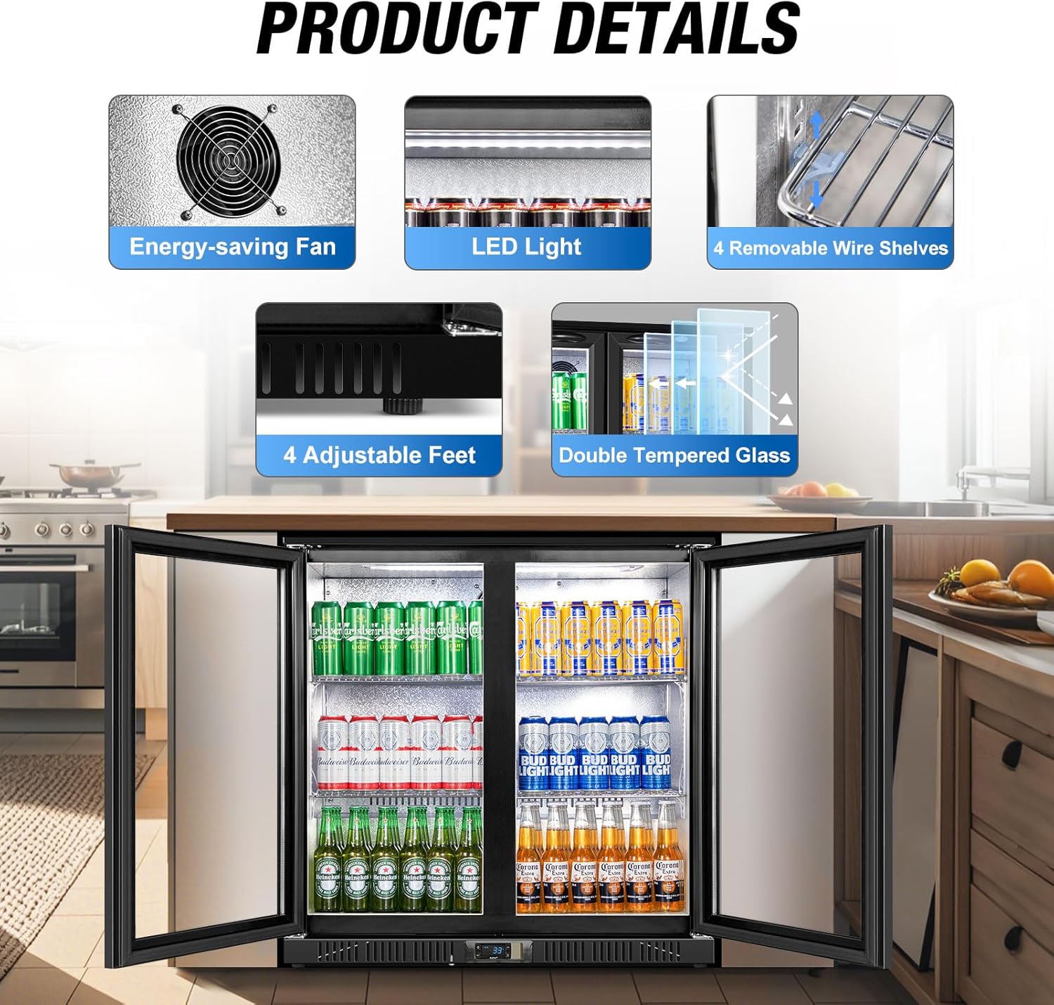 Beverage Refrigerator Under Counter, Back Bar Cooler with 2 Glass Door, Commercial Display Fridge