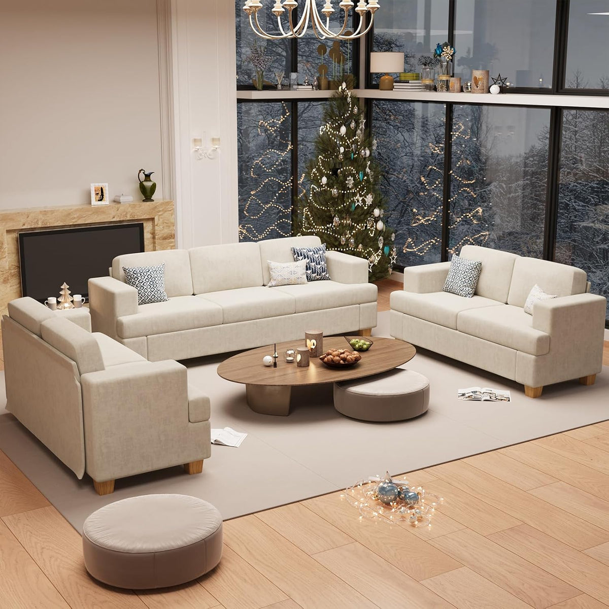 Sofa, 3 Piece Set Comfy Sofa, 2 Loveseat & 3 Seater Couch with Deep Seats for Living Room, Modern