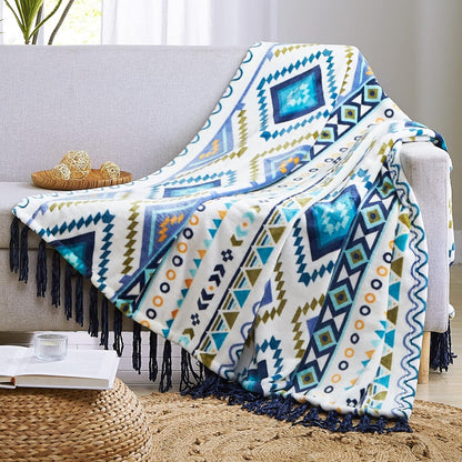 CASAAGUSTO Boho Throw Blanket - Blue and White Decorative Blankets with Tassel, Printed Flannel