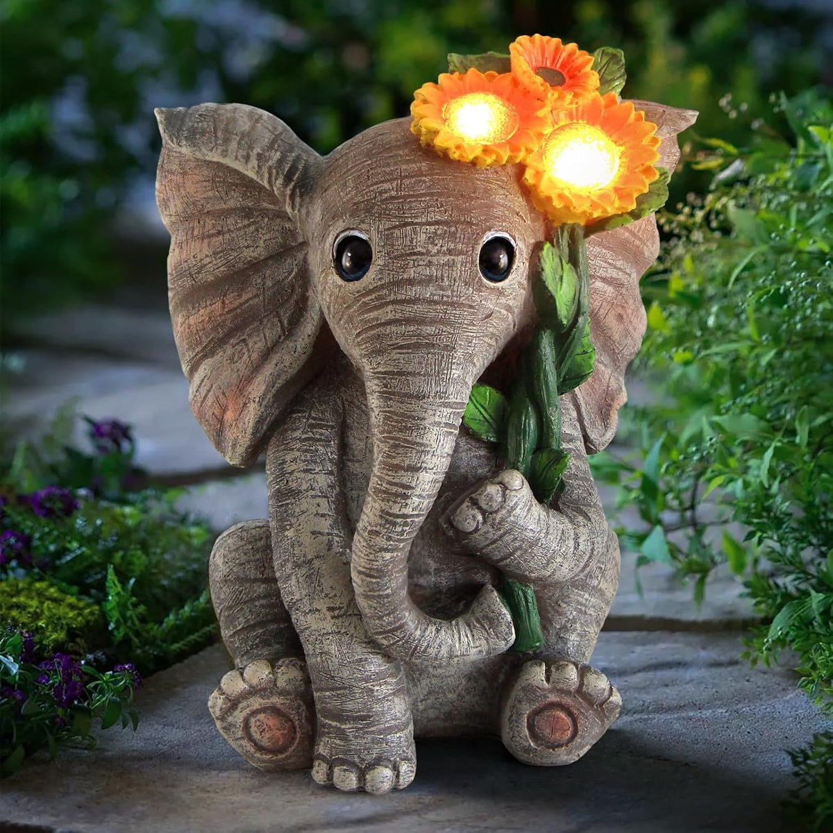 Outdoor Sculpture Figurine Statue Elephant Decor,Solar Garden Statues for Patio Home Yard