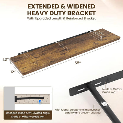 55" Floating Shelves for Wall, 12" Deep Slim Rustic Brown Floating Shelves, Wall-Mounted Shelves