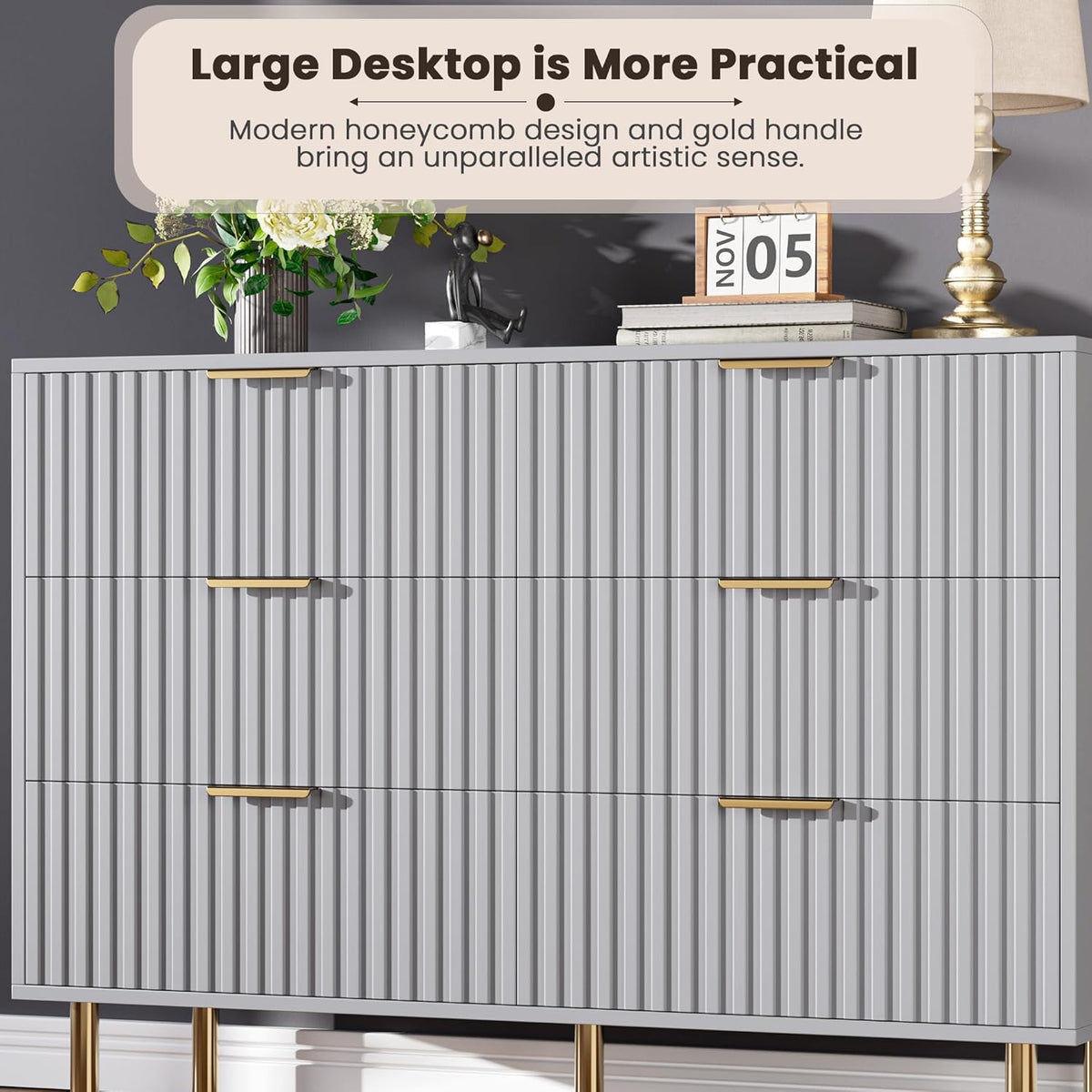 6 Drawer Dresser for Bedroom, Fluted 47.2" Wide Modern Chest of Drawers with Deep Drawers, Long