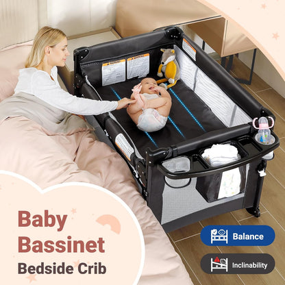 ELEMARA 5 in 1 Pack and Play, Adjustable Baby Bedside Bassinet Sleeper,1-Second Setup Foldable