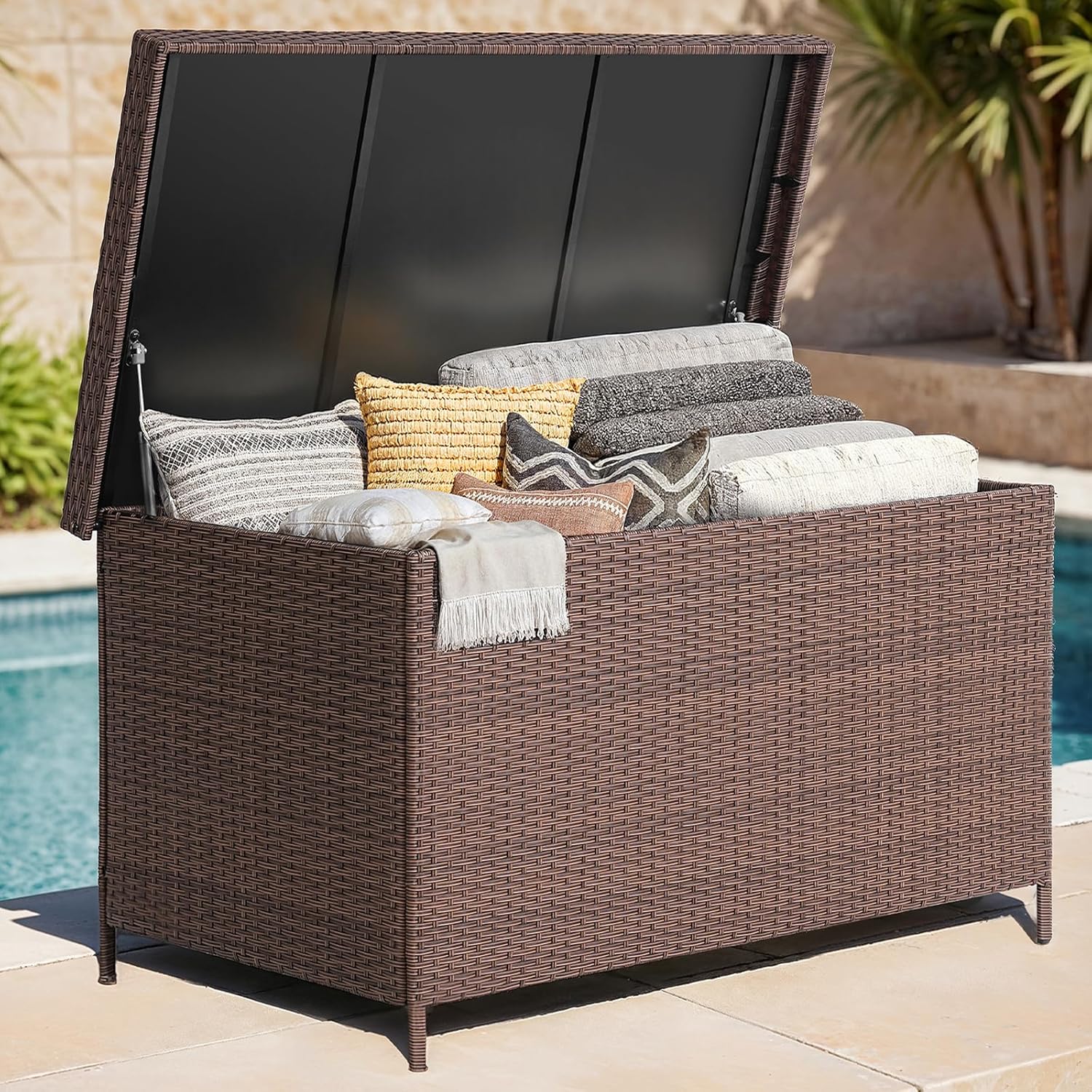 158 Gallon XL Deck Box with Lid, All Weather Wicker Outdoor Storage Box Waterproof, Large Outdoor