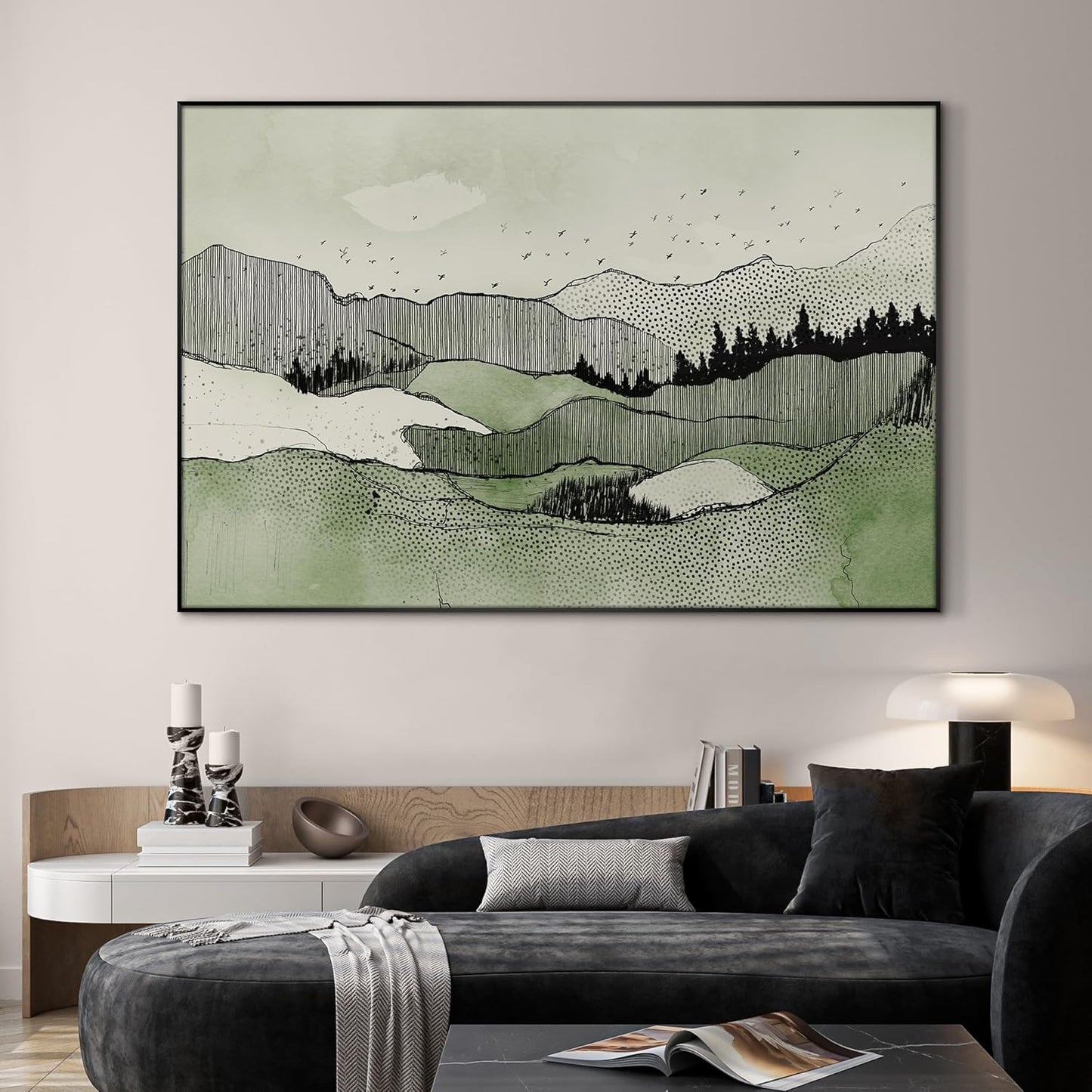SIGNWIN 46"x72" Extra Large Framed Wall Art Green Line Art Mountain Landscape Illustration for Home