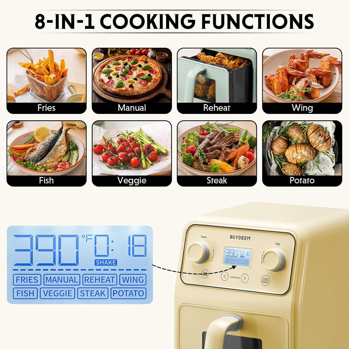 BUYDEEM F51 8-in-1 Air Fryer 4.2QT, Retro Countertop Airfryer Oven with Visible Window, Shake