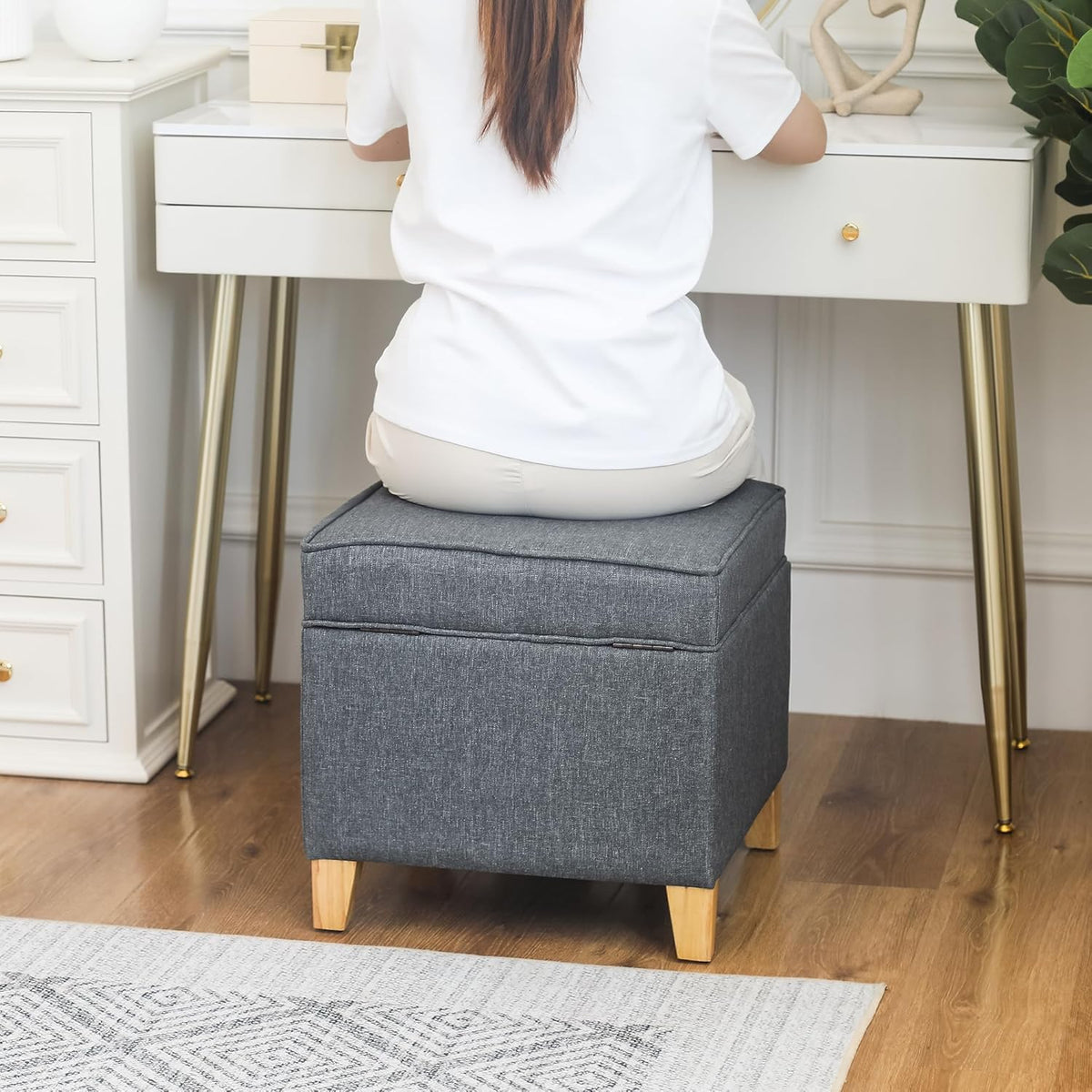 Adeco 17.5" Square Fabric Ottoman with Storage, Upholstered Cotton Linen Foot Rest, Flip Top
