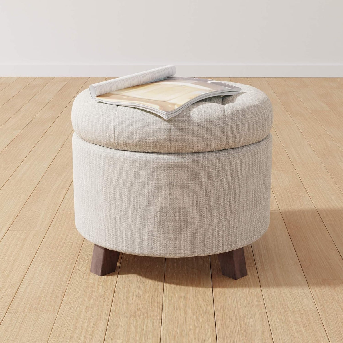 Amazon Basics Round Linen Ottoman with Storage, Tufted Upholstered Footstool for Living Room and