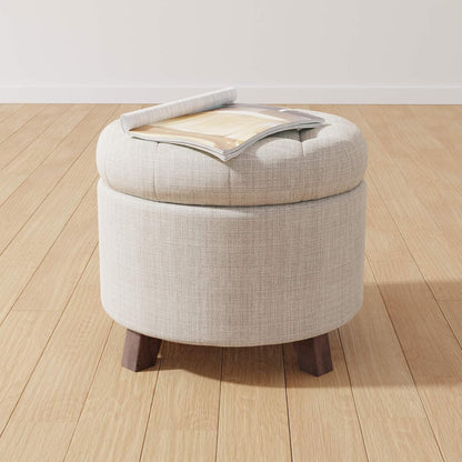 Amazon Basics Round Linen Ottoman with Storage, Tufted Upholstered Footstool for Living Room and