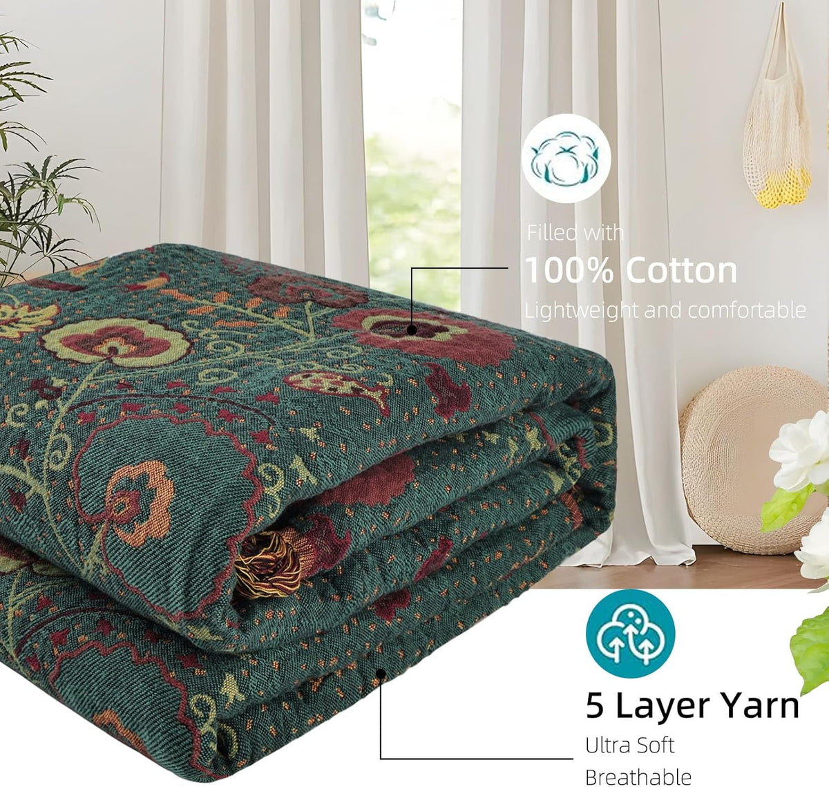 Boho Throw Blanket for Bed - 100% Pure Cotton Ultra Soft Rustic Quilt - Farmhouse Decor Bed