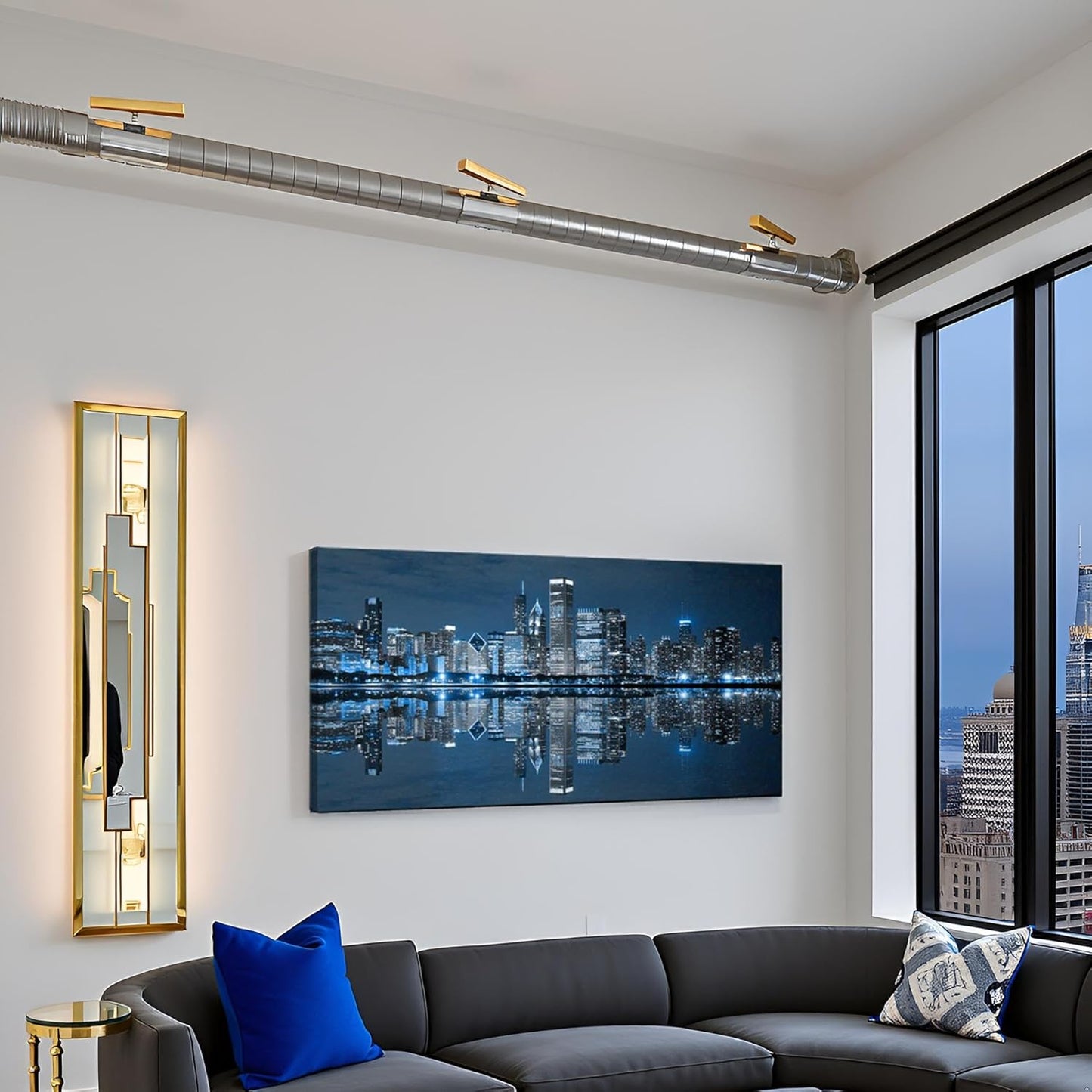 LevvArts Modern City Wall Art Chicago Downtown at Night Picture Print on Canvas Building Artwork