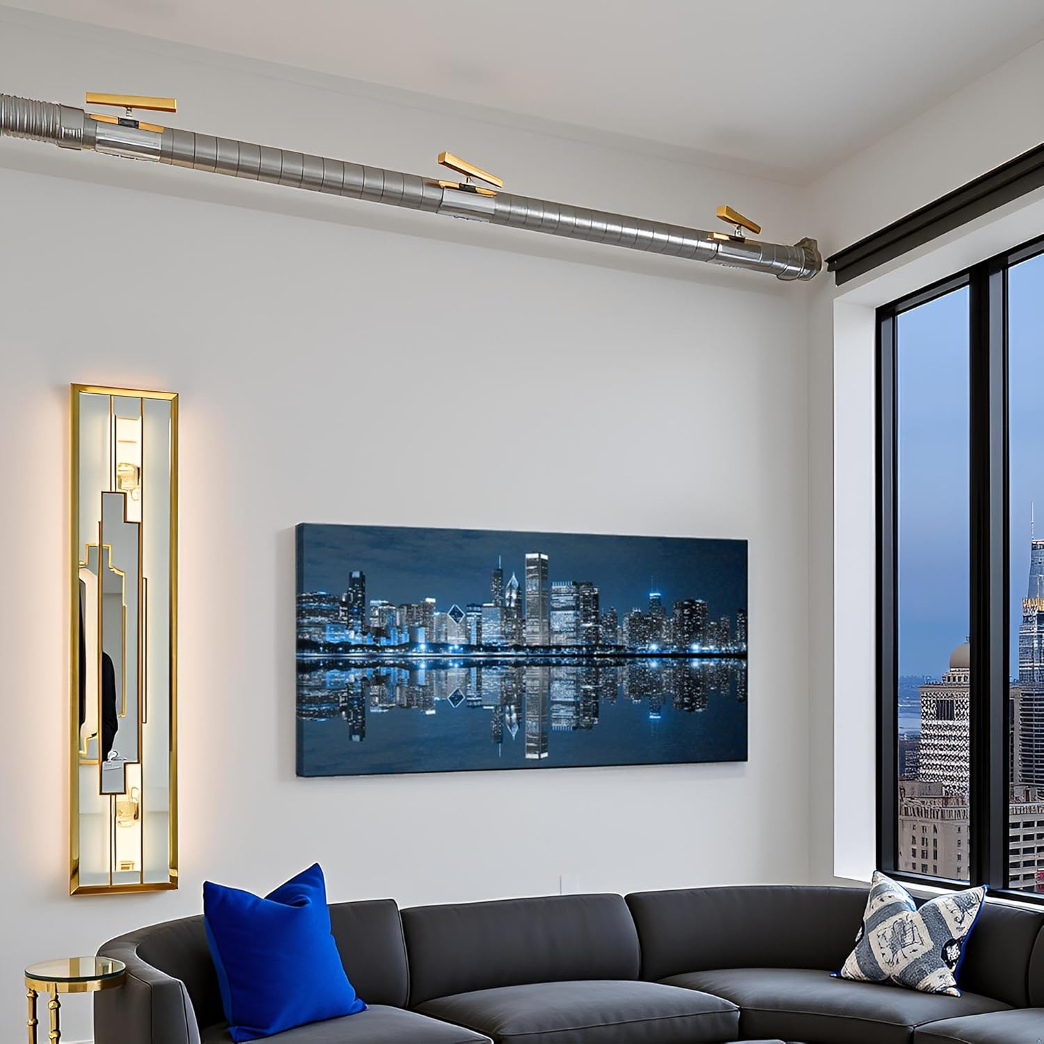 LevvArts Modern City Wall Art Chicago Downtown at Night Picture Print on Canvas Building Artwork