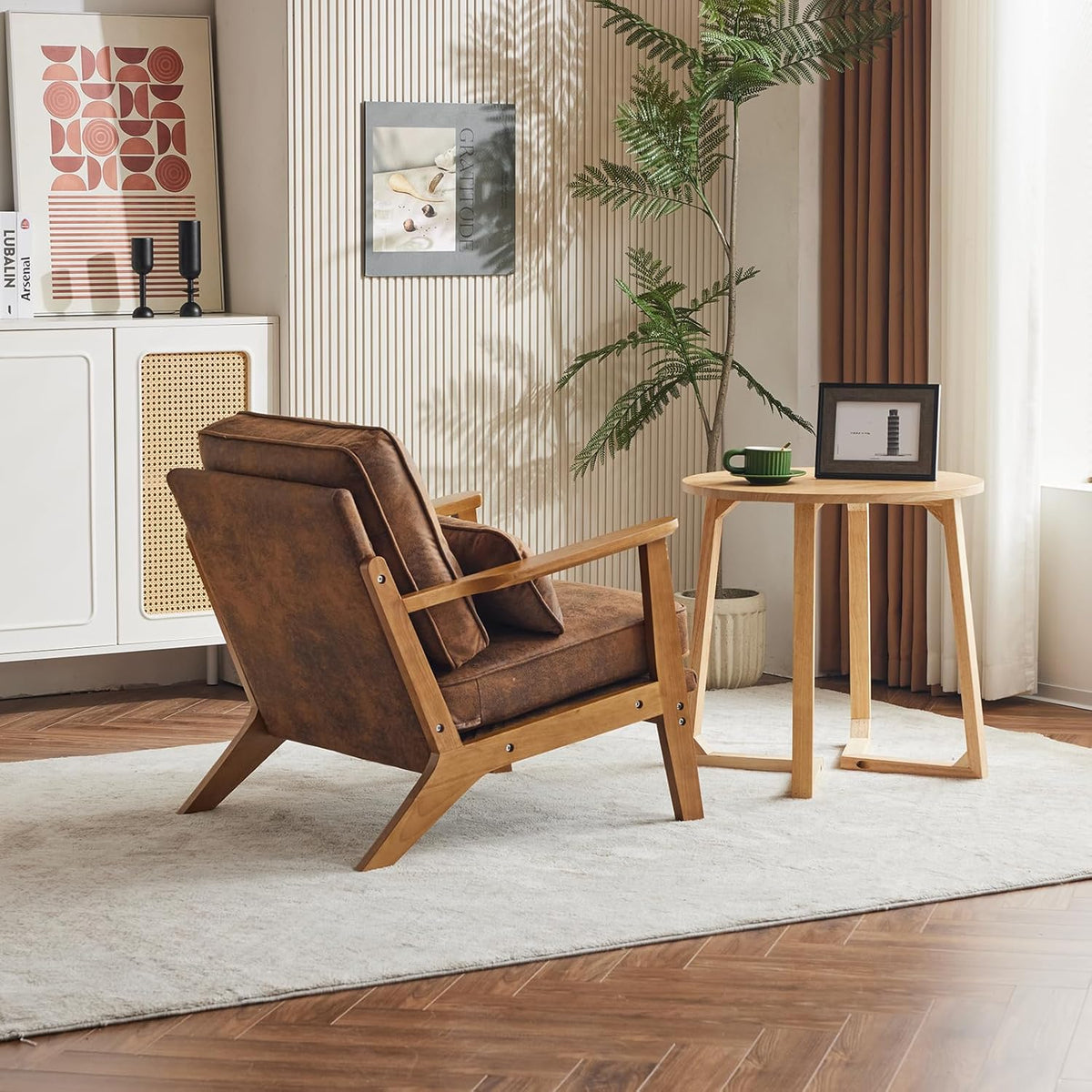 Karl home Accent Chair Wide Armrest Mid-Century Lounge Chair Bronzing Cloth Armchair with Lumbar