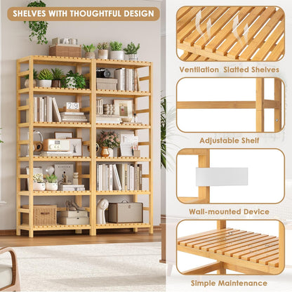FOTOSOK 6-Tier Bamboo Shelf Set of 2, Bamboo Bookcase with Adjustable Shelves, Free Standing