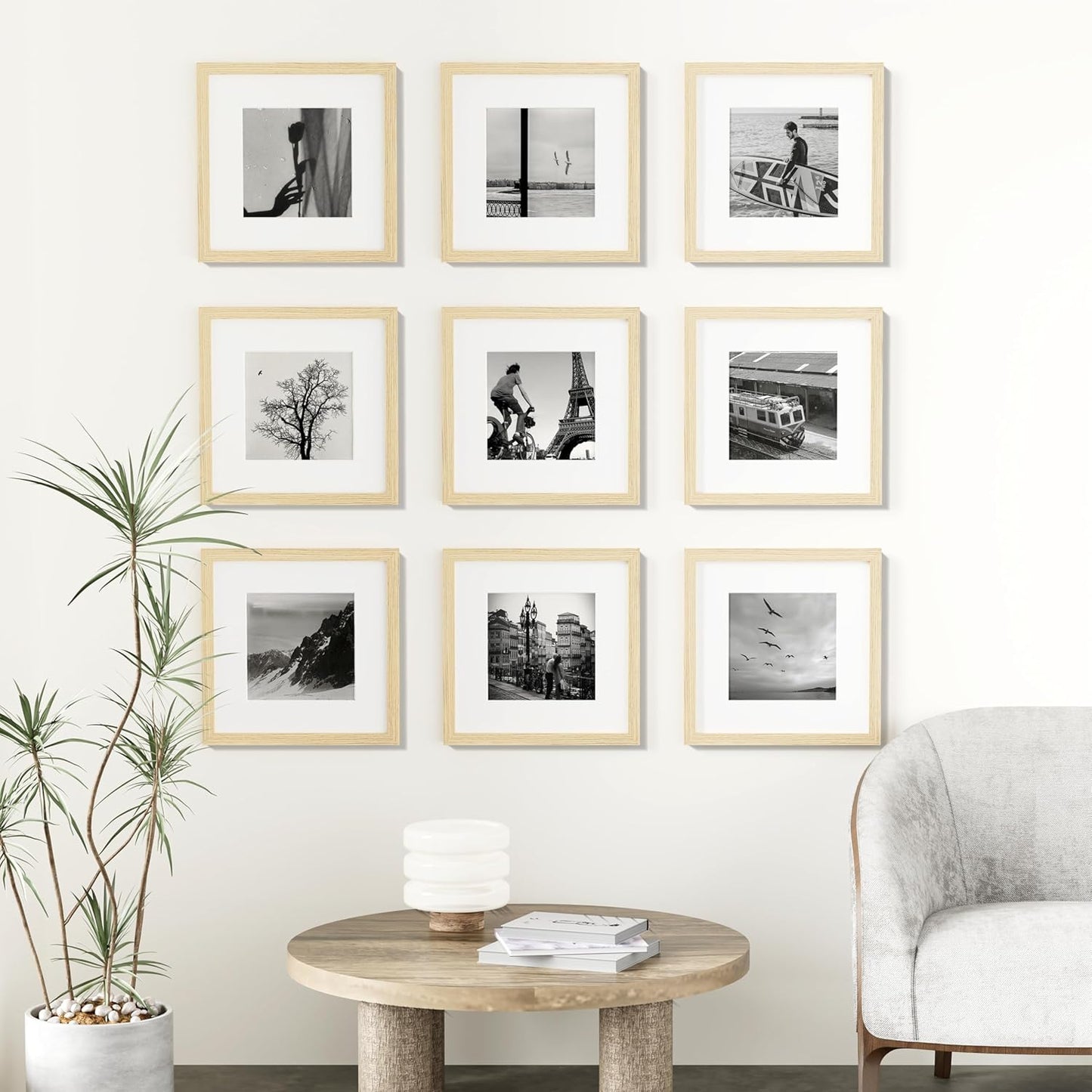 Vittanly 12x12 Picture Frames Set of 9, Shatter Resistant Plexiglass, Display 8x8 Pictures with Mat