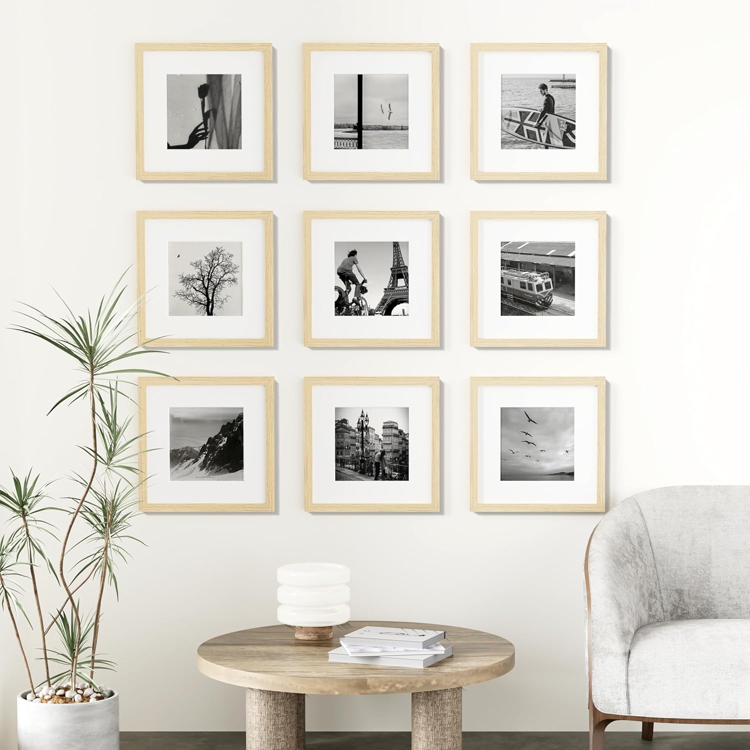 Vittanly 12x12 Picture Frames Set of 9, Shatter Resistant Plexiglass, Display 8x8 Pictures with Mat