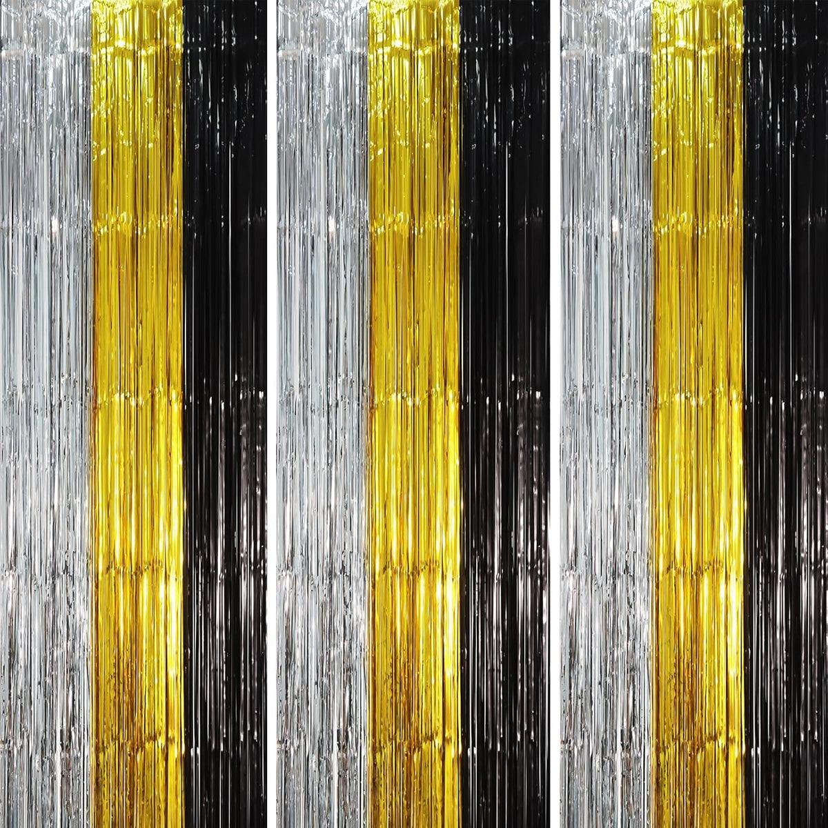 3 Pack 3.3 x 8.2 ft Black Gold Silver Foil Fringe Backdrop Curtains, Tinsel Streamers Party