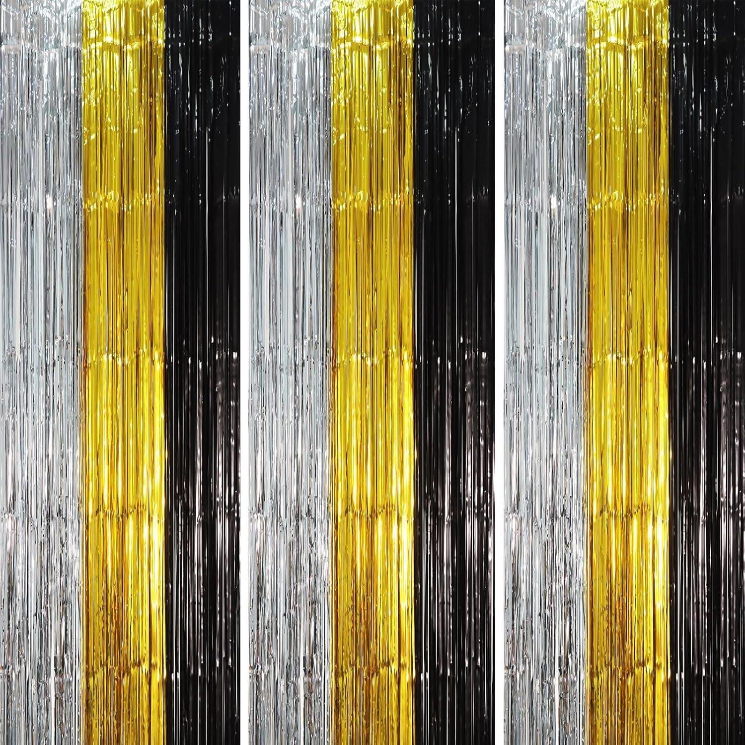 3 Pack 3.3 x 8.2 ft Black Gold Silver Foil Fringe Backdrop Curtains, Tinsel Streamers Party