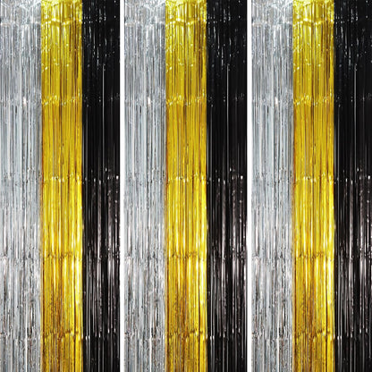 3 Pack 3.3 x 8.2 ft Black Gold Silver Foil Fringe Backdrop Curtains, Tinsel Streamers Party