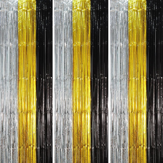 3 Pack 3.3 x 8.2 ft Black Gold Silver Foil Fringe Backdrop Curtains, Tinsel Streamers Party